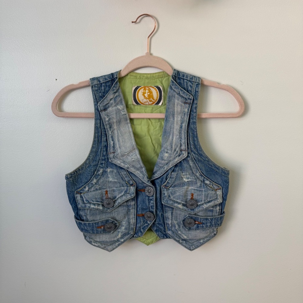 Vintage Red Pepper Distressed Denim Vest Y2K Japanese Archive Biker Western SZ S